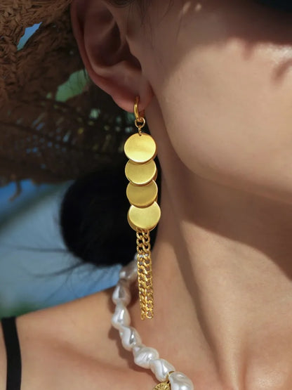Stainless Steel Dangle Earrings For Women 18k Gold Plated Waterproof Non Tarnish Women's Glossy Sheets Chains Tassel Earring