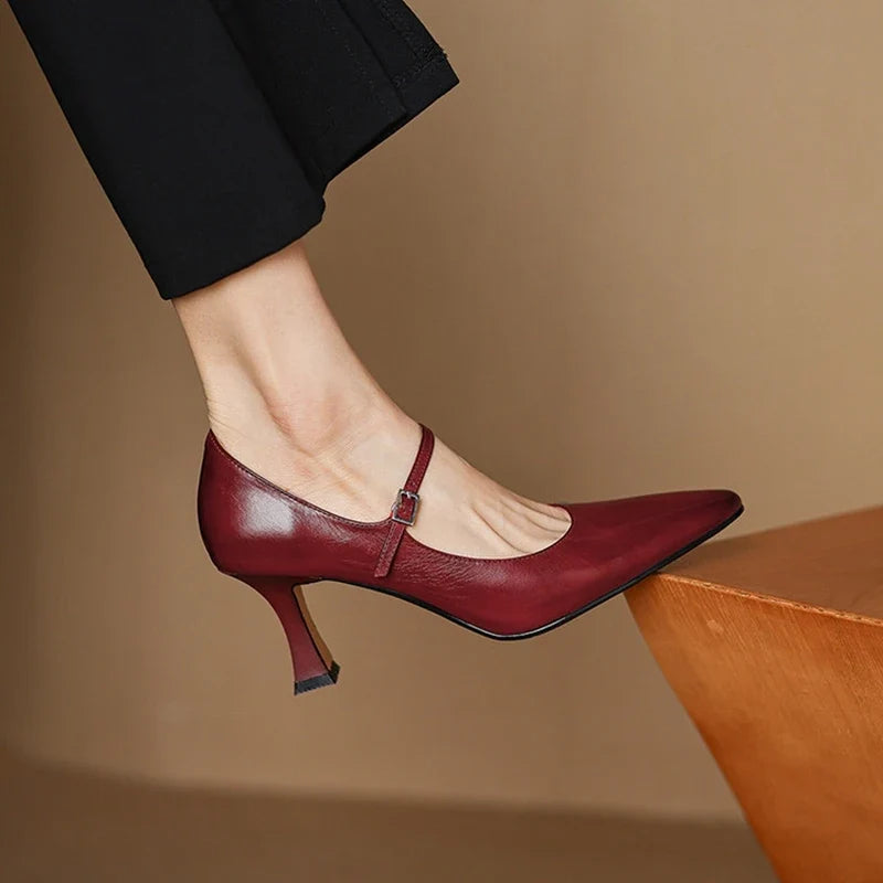 NEW Spring/Autumn Women Pumps Genuine Leather Shoes for Women Pointed Toe Thin Heel Shoes Shallow Buckle Strap Mary Janes Shoes