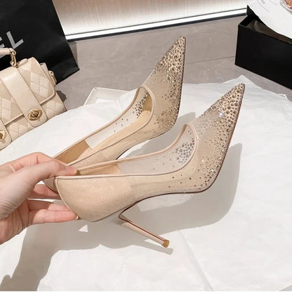 Women's high heels and single shoes for spring and summer  new mesh diamond fashion banquet pointed women's shallow mouth shoes