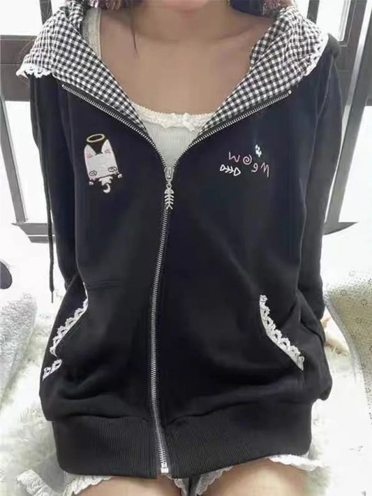 Zipper Hoodie Gothic Cartoon Kawaii Cat Ear Y2k Jacket Zip Up Thin Coat Spring Autumn Cute Core 2000s Clothes Fall Sweatshirts