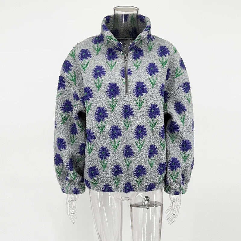TARUXY Fleece Printing Sweatshirt Women's Half-Zip Sweatshirt Fleece Loose Turtleneck pullover Female Winter Leisure Sweatshirt