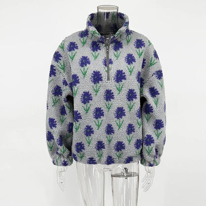 TARUXY Fleece Printing Sweatshirt Women's Half-Zip Sweatshirt Fleece Loose Turtleneck pullover Female Winter Leisure Sweatshirt