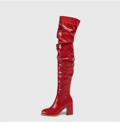 Hlieny 2026 Winter New Thigh High Boots Fashion Patent Leather Round Toe Zip Female Square Heels Pleated Design Women's Shoes