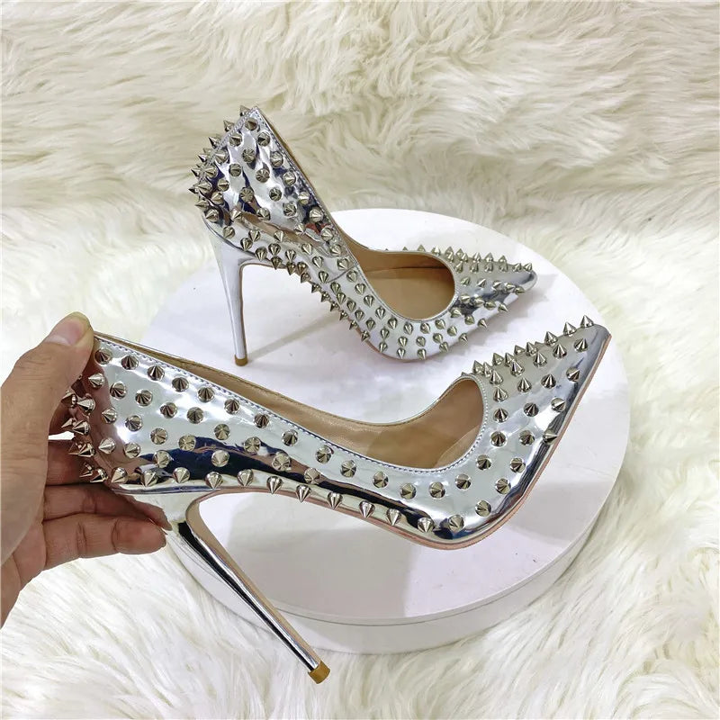 Women New Rivet High Heels 12CM Fashion Pointed Toe Party Single Shoes Europe And America Club Stage Pumps Silver Plus Size 43