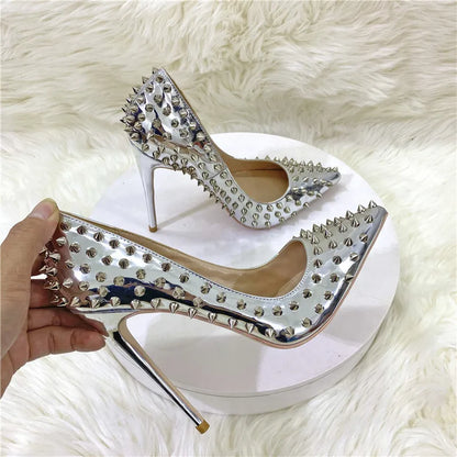 Women New Rivet High Heels 12CM Fashion Pointed Toe Party Single Shoes Europe And America Club Stage Pumps Silver Plus Size 43