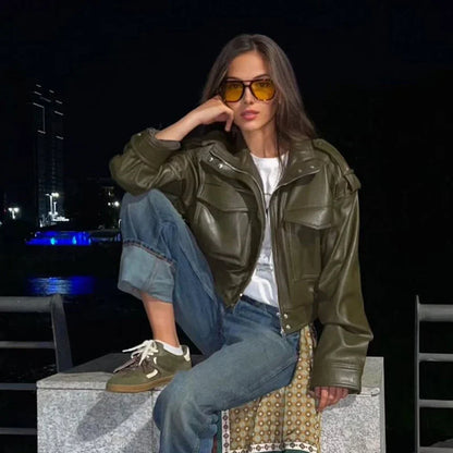 Women's Jacket Faux Leather Jacket Green Women's Demi-Season Jacket Outerwears Women's Autumn New In Coat Windbreaker Streetwear