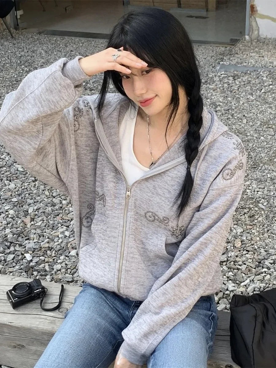 Street Sle Korean Version Simple Personali Rivet Zipper Casual Loose Matching Hoodie Jaet Unique SEI Women's Sweatirt