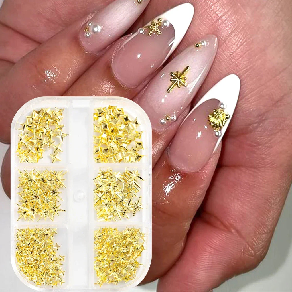 6/12Grids Gold Star Moon Metallic Rivet 3D Nail Charms Alloy Sun Moon Starlight Rhinestones Nail Studs For Nail Art Decoration