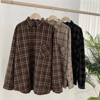 Plaid shirt women long sleeve retro port taste loose size women Korean version of the spring wear student jacket