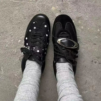 Korean Style Black Polka Dot Sneakers Women Spring 2026 Luxury Metal Decoration Designer Vulcanize Shoes Woman's Sports Shoes