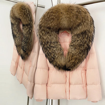 Reality Fur Jacket Real Fur Collar Duck Down Coat Female Winter Hooded Warm Fox Fur Coat Women Natural Raccoon Fur Puffer Jacket