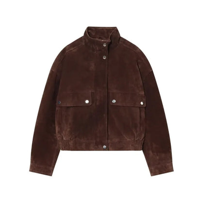 Women Suede Leather Jacket with Pockets Autumn Fashion High Collar Long Sleeve Button Jacket Lady Coats Causal Female Chic Tops