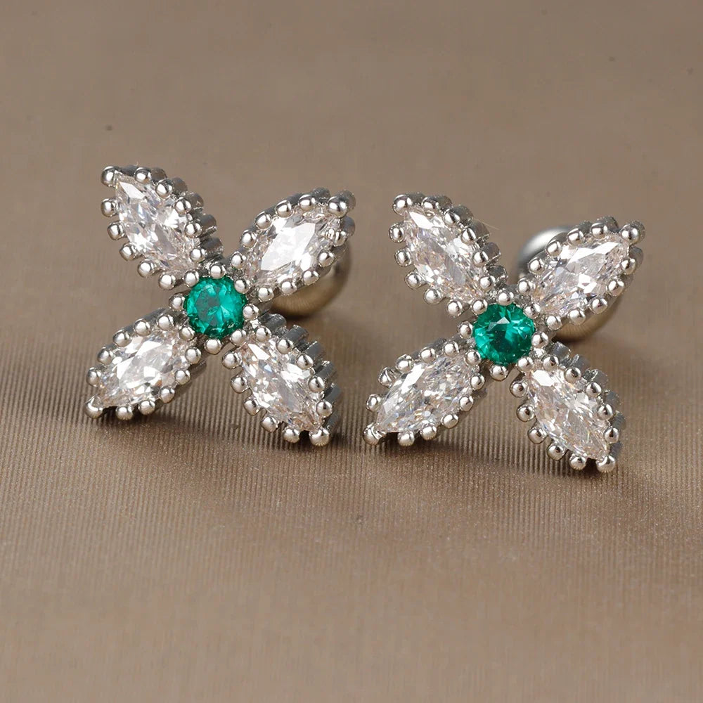 2PC Stainless Steel Little Stud Earring for Women Tiny Green Crystal Zirconia Cartilage Helix Tragus Piercing Earrings Jewelry
