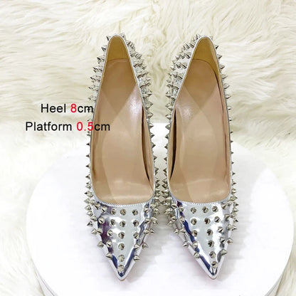 Women New Rivet High Heels 12CM Fashion Pointed Toe Party Single Shoes Europe And America Club Stage Pumps Silver Plus Size 43