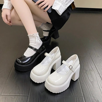 Black Super High Heels Mary Jane Shoes Women 2026 Goth Chunky Platform Pumps Woman Plus Size Ankle Buckle Party Lolita Shoes 42
