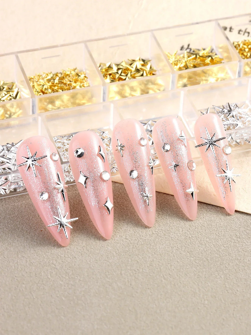 6/12Grids Gold Star Moon Metallic Rivet 3D Nail Charms Alloy Sun Moon Starlight Rhinestones Nail Studs For Nail Art Decoration