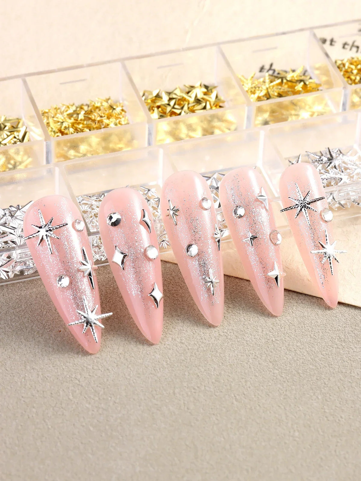 6/12Grids Gold Star Moon Metallic Rivet 3D Nail Charms Alloy Sun Moon Starlight Rhinestones Nail Studs For Nail Art Decoration