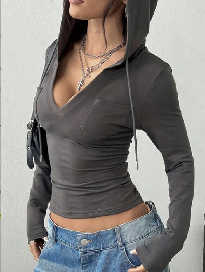 New Elegant Fashionable Pure Color V-Neck Long Sleeve Ladies Hoodie for Commuting