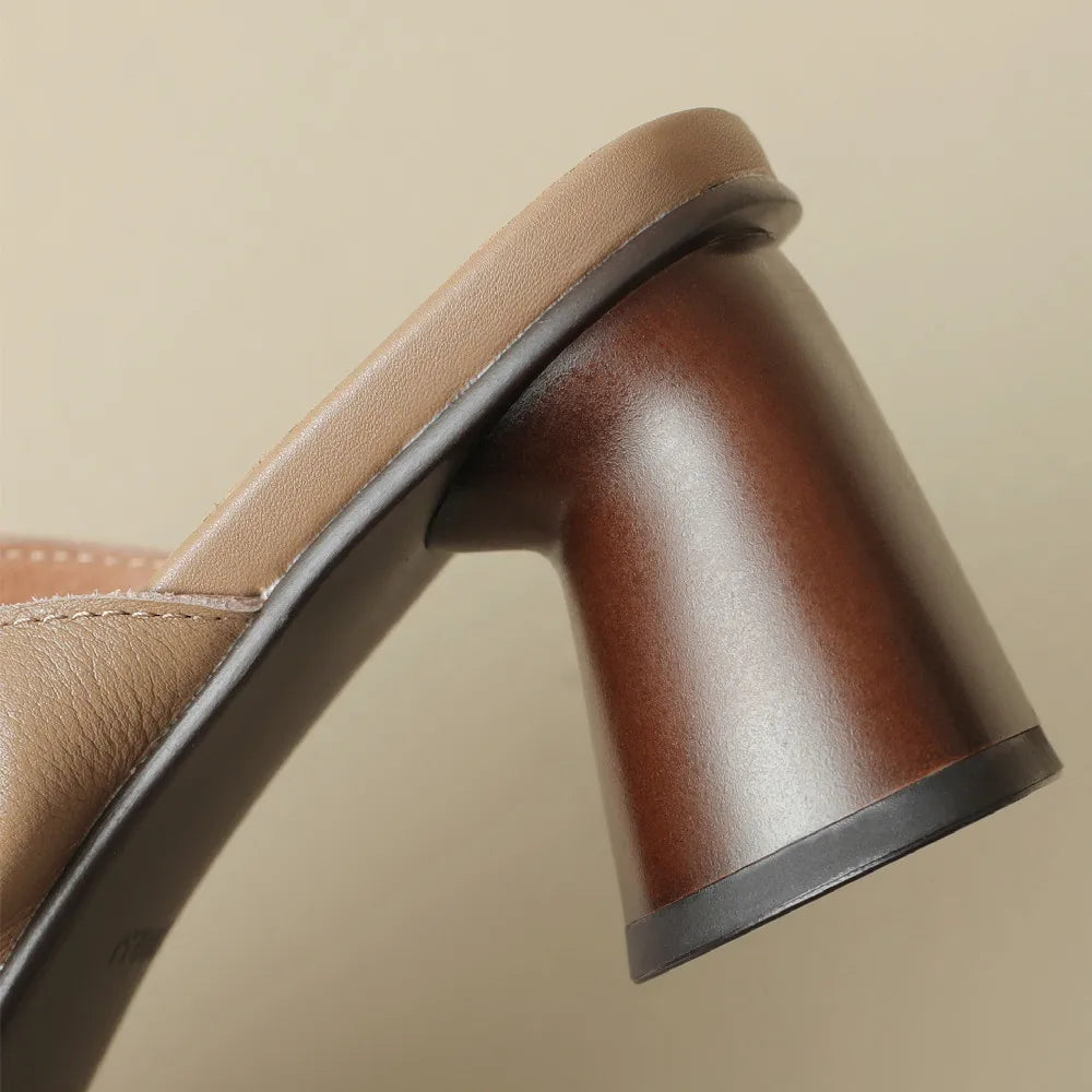 Women's cow leather 6cm thick high heel open toe slip-on pumps elegant ladies soft comfortable summer slippers sandals shoes hot