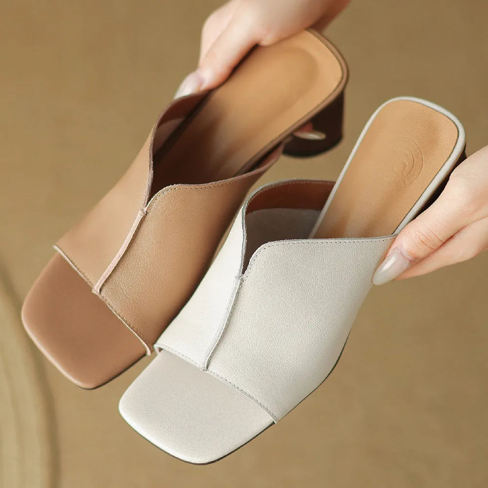 Women's cow leather 6cm thick high heel open toe slip-on pumps elegant ladies soft comfortable summer slippers sandals shoes hot