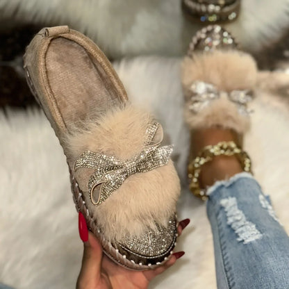 Trend Women Sneakers Furry Crystal Bow  Women Casual Shoes Flat Platform Loafers Short Plush Warm Autumn Winter Sneakers Woman