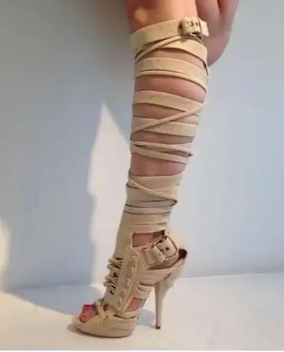 2026 Women Sandals Knee High Boots Cross Strap Hollow Fashion Elegant Sexy Women Shoes Newest Round Toe Thin Heels 4