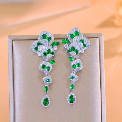 CWWZircons Elegant Green CZ Crystal Flower Water Drop Long Dangle Earrings for Women Beautiful Wedding Party Jewelry Gifts E1159