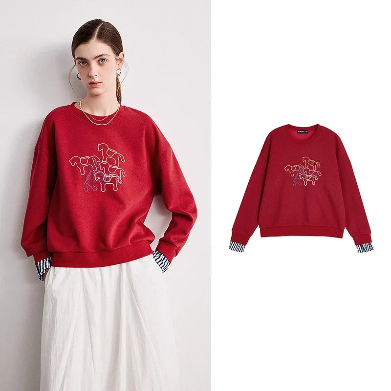 TOYOUTH Women Crewneck Patchwork Plaid Fake Two-Piece Pony Embroidery Loose Sweatshirt 2026 Spring New Tops