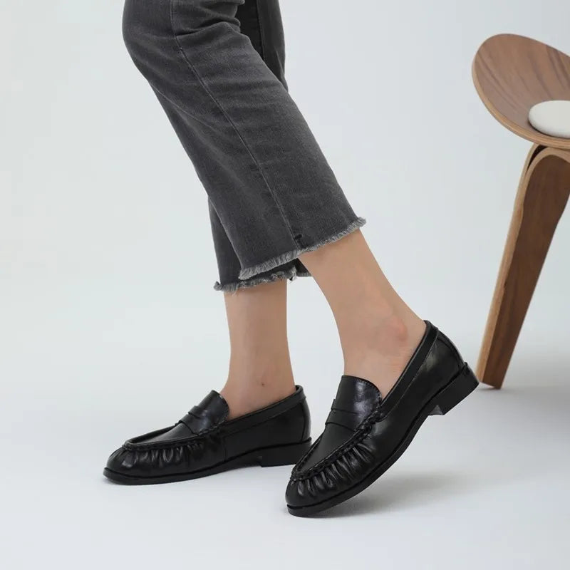 Lady Loafers 2026 Model Handcrafted Retro Pleated Single Shoes for Women, Women's Low-Heeled Leather Suede Shoes