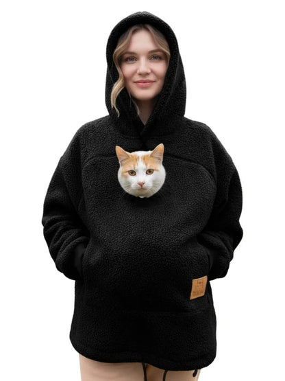 Ladies Winter Hooded Lamb Velvet Zipper Kangaroo Pocket Cat Dog Mommy Outwear Sweatshirt Comfortable Street Style Trendy Fashion