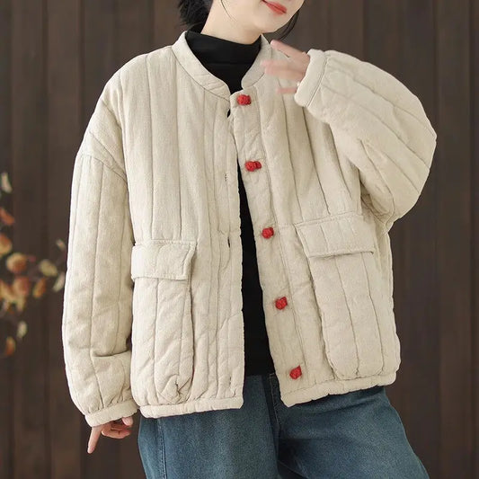 Cotton And Linen Women's Quilted Jacket 2026 New Spring Autumn Retro Chinese Style Short Thick Casual Padded Coat Top K2675