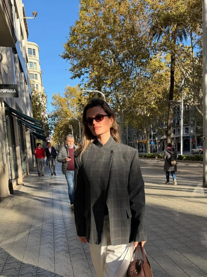 Chic Plaid Women Blazer Jackets Casual Split Loose Stand Collar Full Sleeve Short Jacket 2026 Lady Fashion Daily Commute Outwear