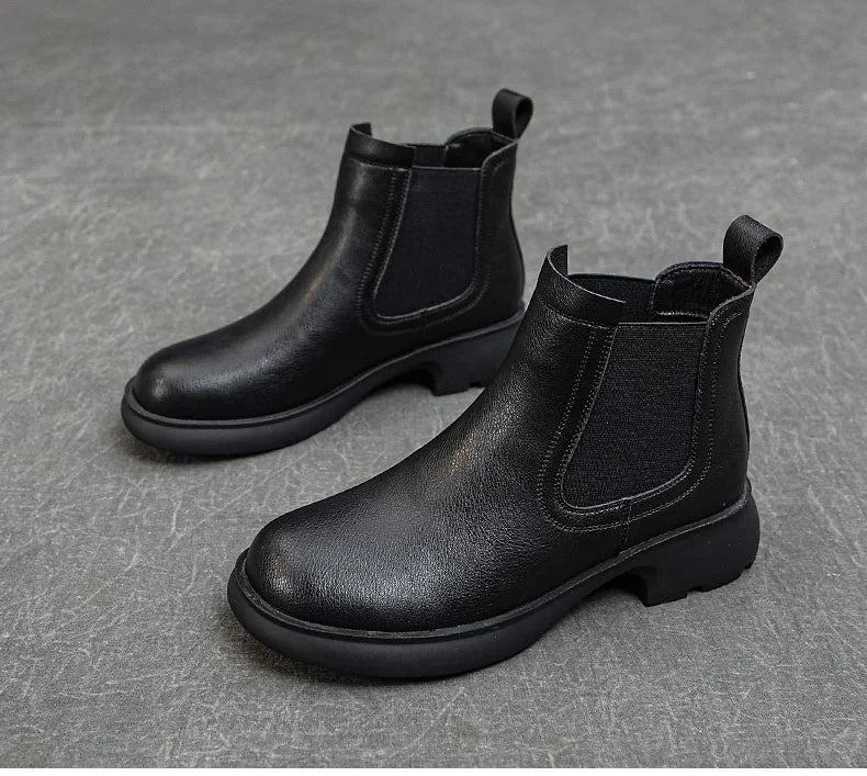 DRKANOL Fashion Women Thick Heel Ankle Boots Autumn Winter Warm Shoes Round Toe Real Cowhide British Style Slip On Chimney Boots