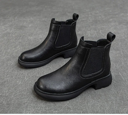 DRKANOL Fashion Women Thick Heel Ankle Boots Autumn Winter Warm Shoes Round Toe Real Cowhide British Style Slip On Chimney Boots
