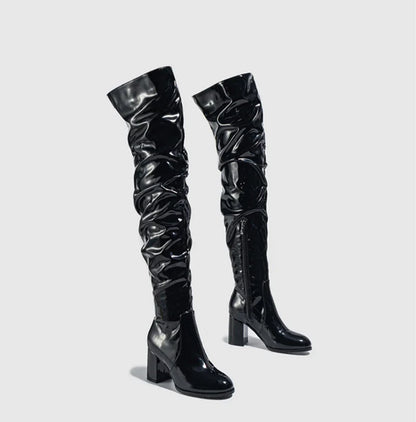 Hlieny 2026 Winter New Thigh High Boots Fashion Patent Leather Round Toe Zip Female Square Heels Pleated Design Women's Shoes