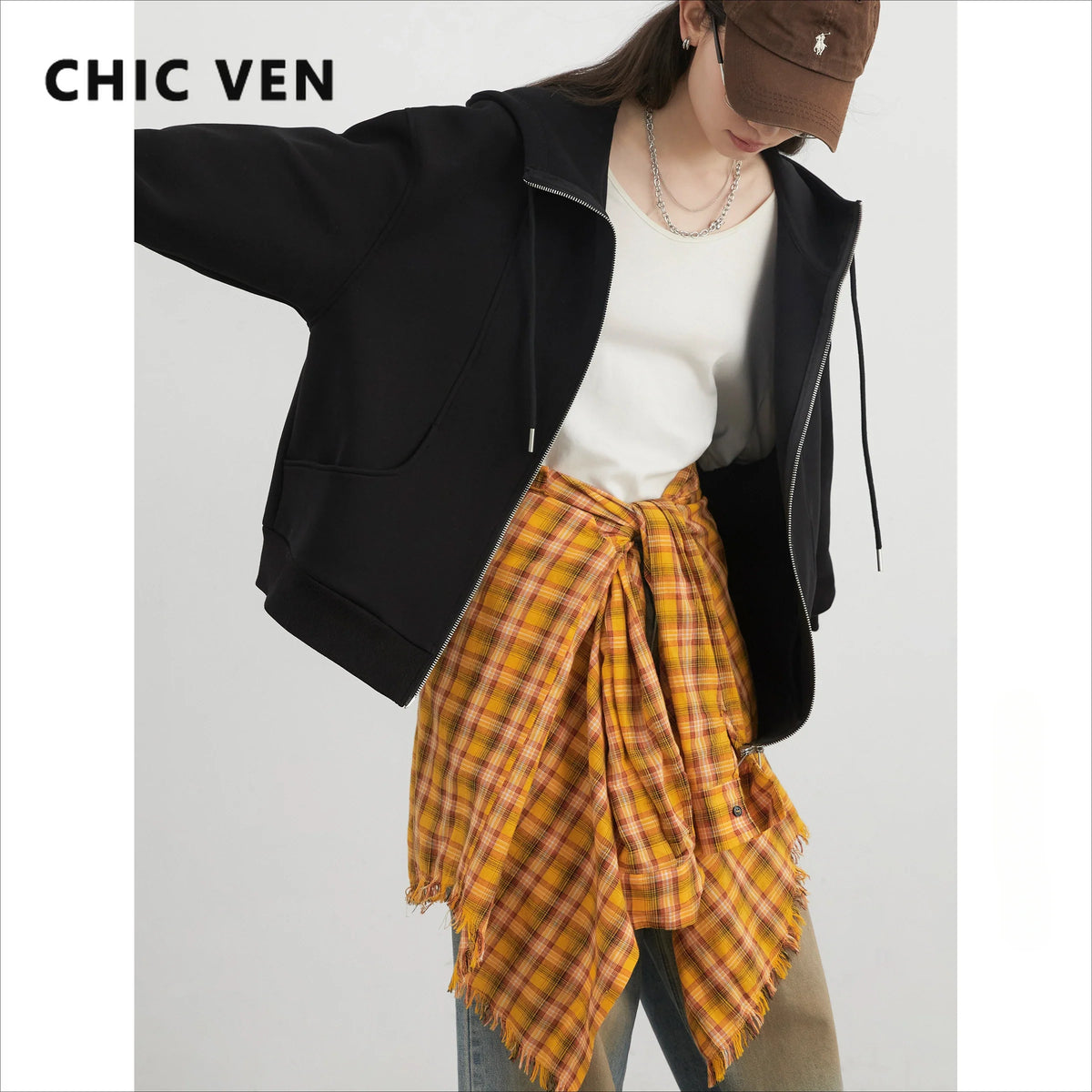 CHIC VEN Women Sweatshirts Loose New Drawstring Hooded Female Jacket BF Style Woman Sports Coat Spring Autumn 2025