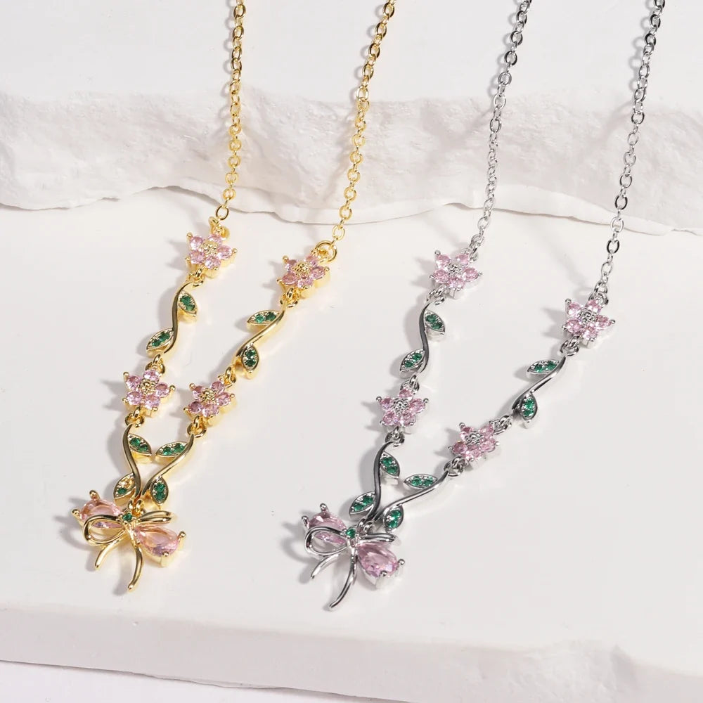 Summer New Fashion Exquisite Bow Leaf Flower Necklace For Women's Elegant Pink Zircon Chain Pendant Jewelry Gifts