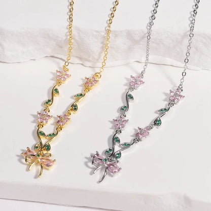 Summer New Fashion Exquisite Bow Leaf Flower Necklace For Women's Elegant Pink Zircon Chain Pendant Jewelry Gifts