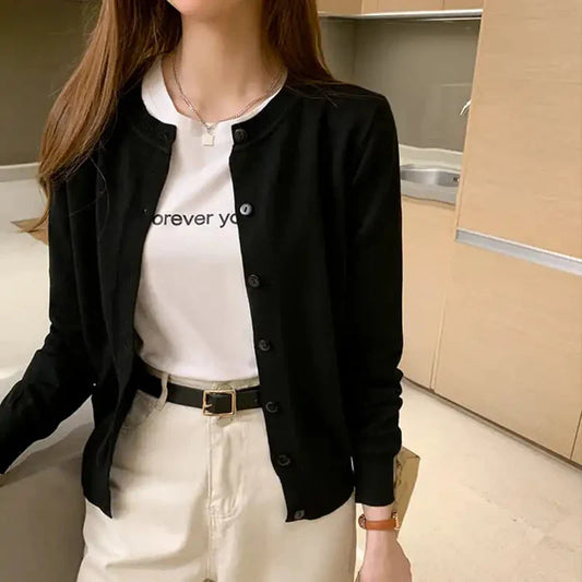 Rimocy Knitted Cardigan Jacket Women 2025 Spring Autumn Round Neck Casual Cardigans Woman Solid Color Slim Korean Jumpers Female