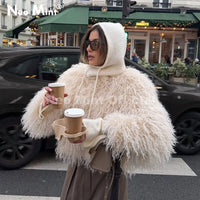 Neo Mint Chic Street Girls Round Neck Faux Mongolia Sheep Fur Coat Women 2025 Winter Fluffy Warm Fur Jacket Cropped Outerwear