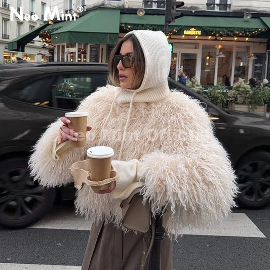 Neo Mint Chic Street Girls Round Neck Faux Mongolia Sheep Fur Coat Women 2025 Winter Fluffy Warm Fur Jacket Cropped Outerwear