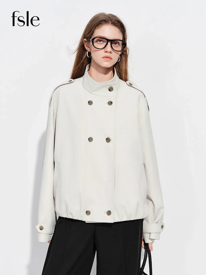 FSLE【Premium Series】Women's Oversize Short Trench Coat Brown Faux Leather Belted Jacket Grey Windbreaker Y2K Retro Outerwear