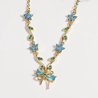 Summer New Fashion Exquisite Bow Leaf Flower Necklace For Women's Elegant Pink Zircon Chain Pendant Jewelry Gifts