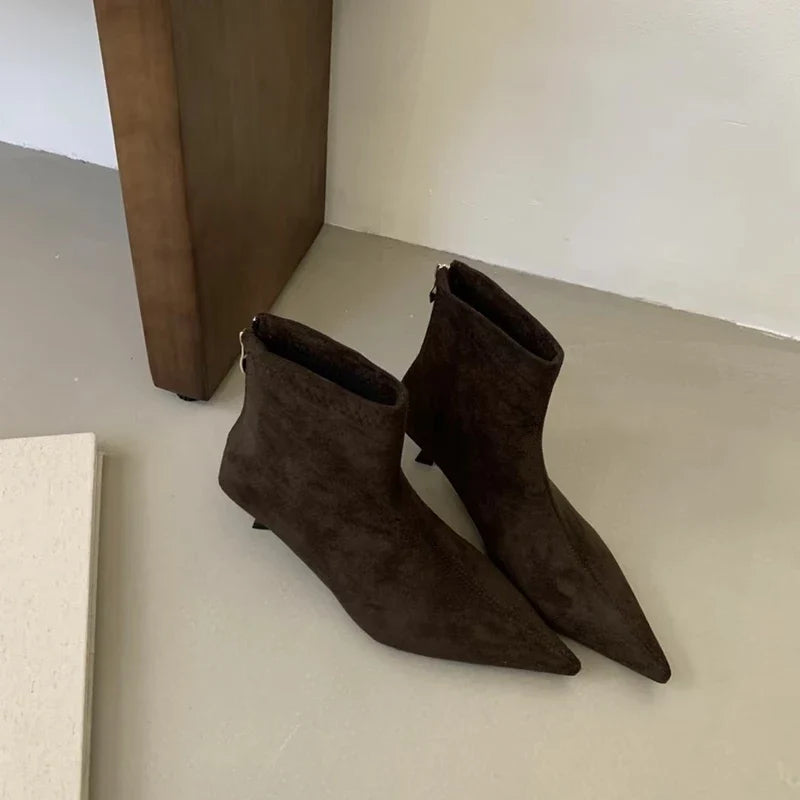 SUOJIALUN 2024 Winter New Brand Women Short Boots Fashion Pointed Toe Ladies Elegant Ankle Boots Thin High Heel Dress Pumps Shoe