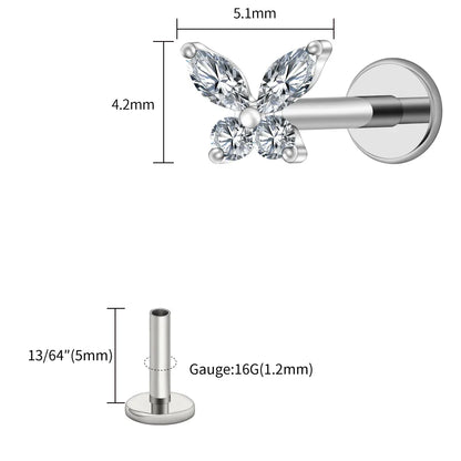 Right Grand ASTM F136 Titanium 16G Mini Butterfly CZ Labret Tragus Cartilage Conch Forward Helix Stud Nose Piercing Body Jewelry
