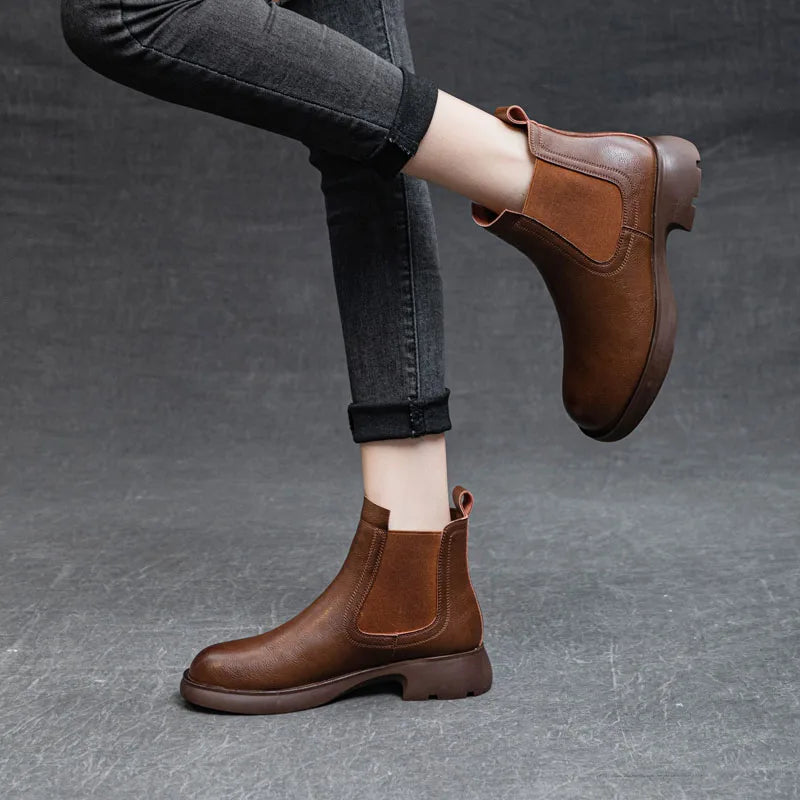 DRKANOL Fashion Women Thick Heel Ankle Boots Autumn Winter Warm Shoes Round Toe Real Cowhide British Style Slip On Chimney Boots