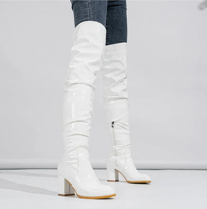 Hlieny 2026 Winter New Thigh High Boots Fashion Patent Leather Round Toe Zip Female Square Heels Pleated Design Women's Shoes