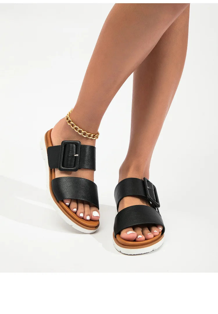 Adjustable Square Buckle Women Slide Sandals Two Strap Platform Slippers Low Heel Soft Sole Summer Open Toe Walking Casual Shoes
