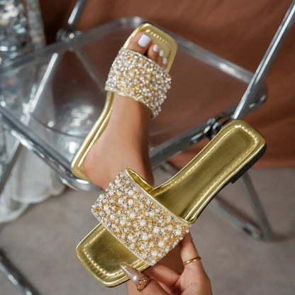 Women Slippers Rhinestone Flat Sandals Fashion Crystal Summer Slippers Comfort Non Slip Beach Shoes Women Flats Slides Women