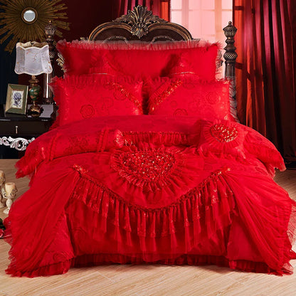 Luxury Wedding Bedding Sets Queen King Size Pink Princess Lace Bedcover Set Jacquard Duvet Cover Bed Sheet Pillowcases